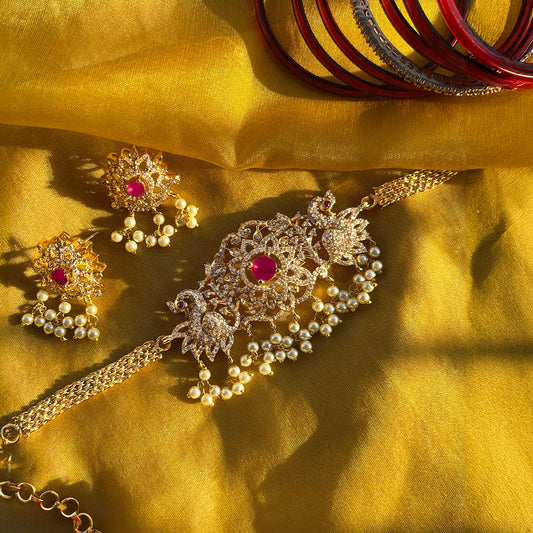 Peacock Choker Pink CZ Necklace Set