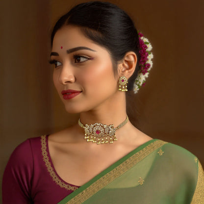Peacock Choker Pink CZ Necklace Set