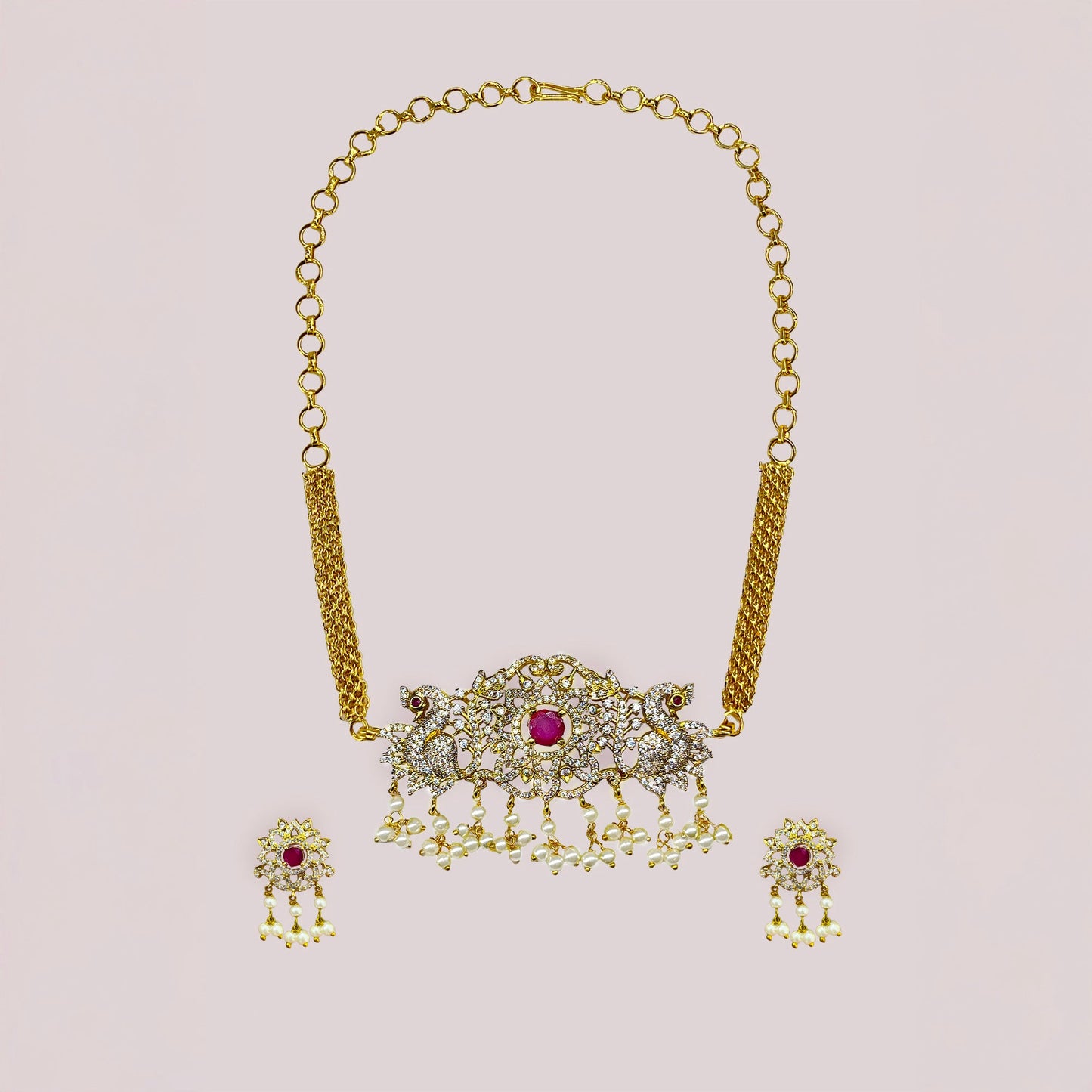 Peacock Choker Pink CZ Necklace Set
