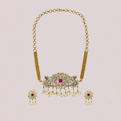Peacock Choker Pink CZ Necklace Set