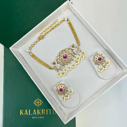 Peacock Choker Pink CZ Necklace Set
