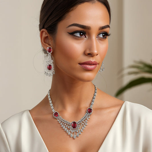 Silver Victoria Ruby Necklace Set