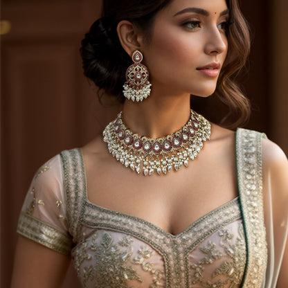 Aziza Begum Ruby and Pearl Necklace Set