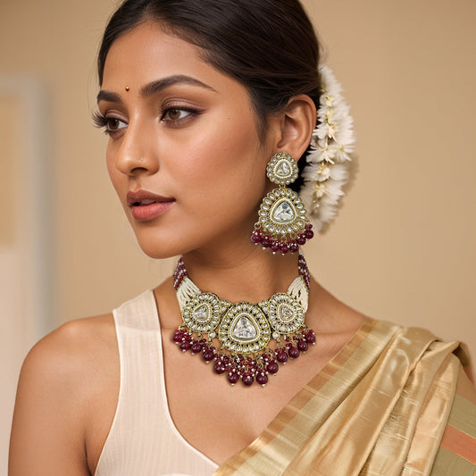 Gulnaar Maroon Kundan Studded Pearl Necklace Set