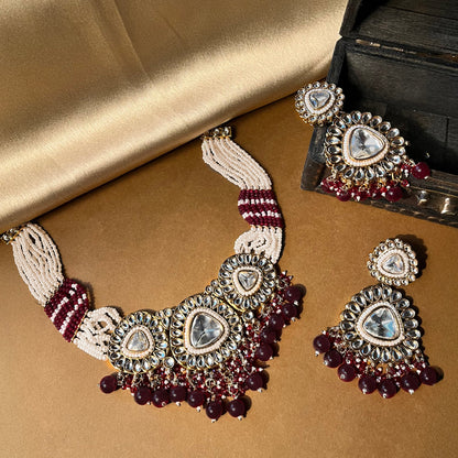 Gulnaar Maroon Kundan Studded Pearl Necklace Set