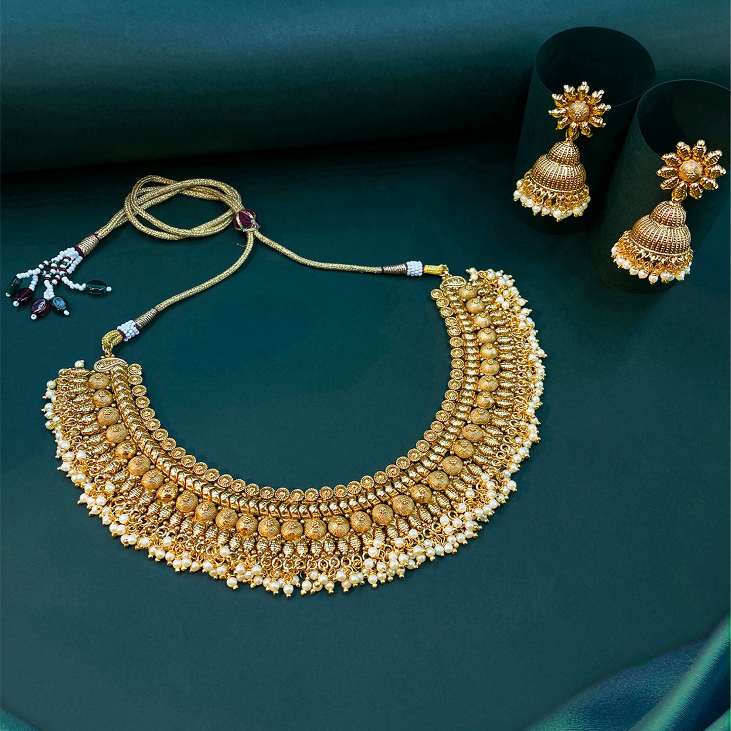 Usha Temple Antique Gold Necklace Set
