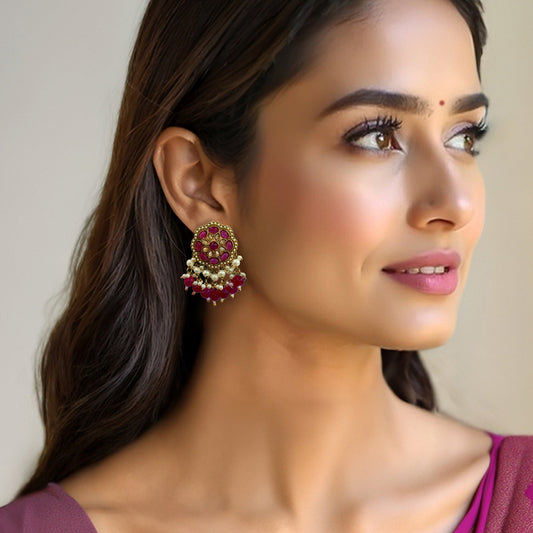 Neha Short Drop Earrings- Rani Pink