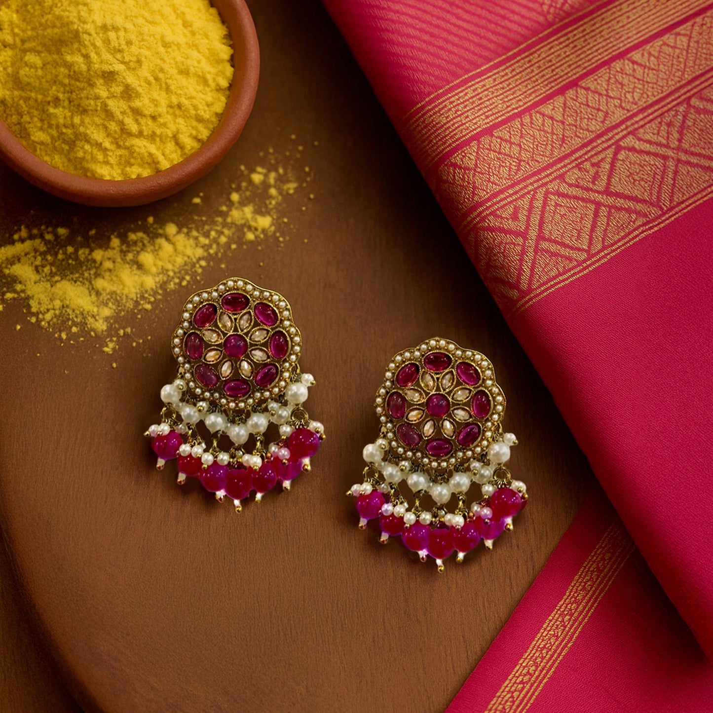 Neha Short Drop Earrings- Rani Pink