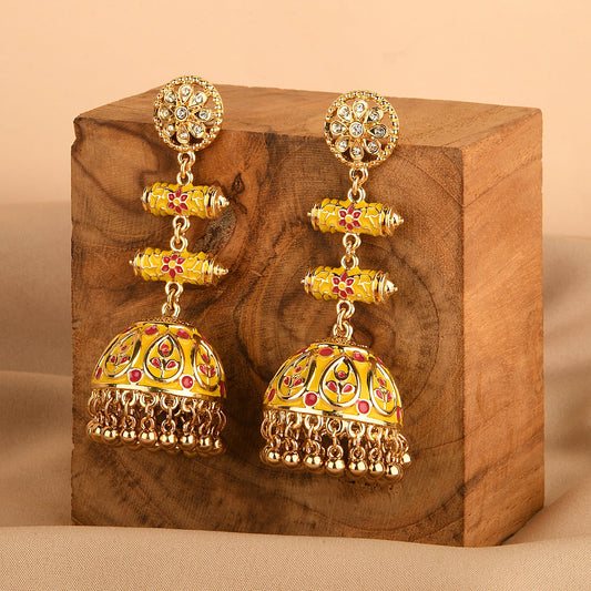 Yellow Meenakari Dome Jumka Long Drop Earring