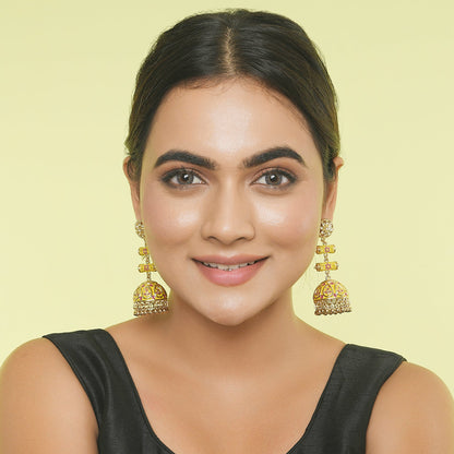 Yellow Meenakari Dome Jumka Long Drop Earring