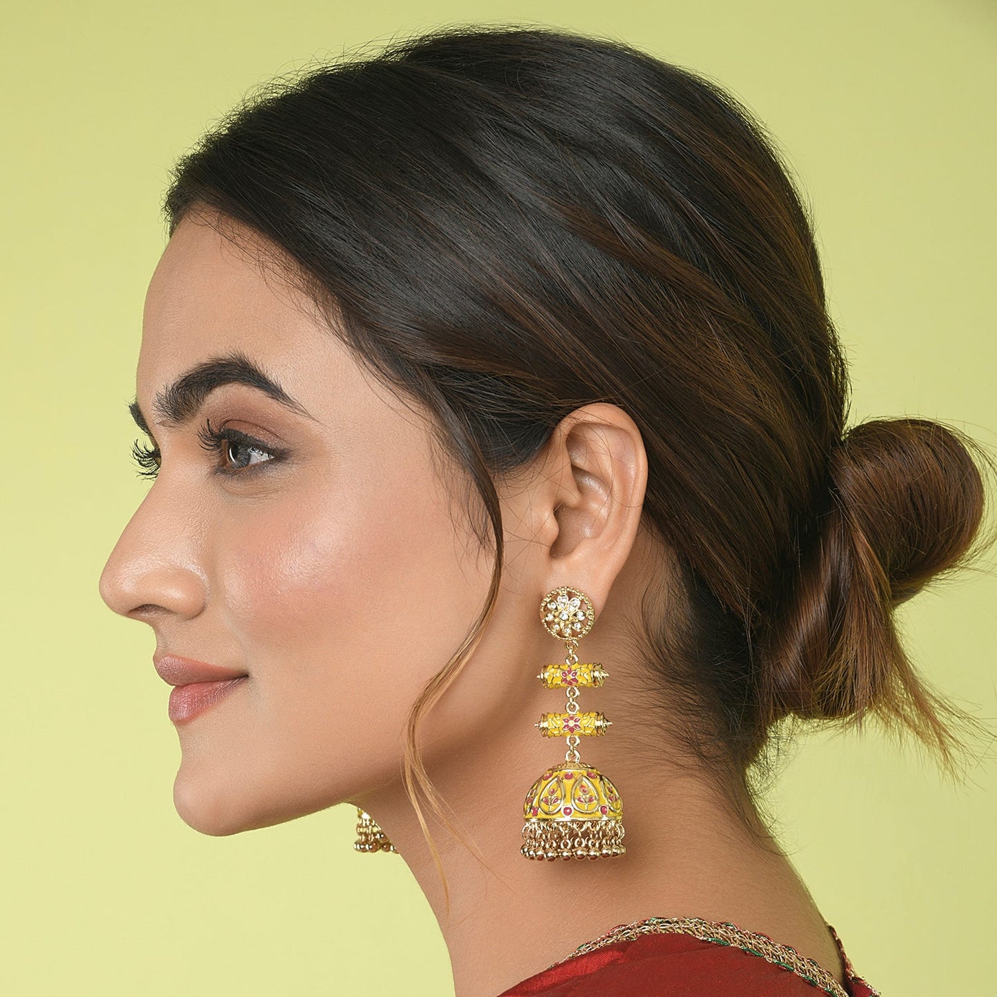 Yellow Meenakari Dome Jumka Long Drop Earring