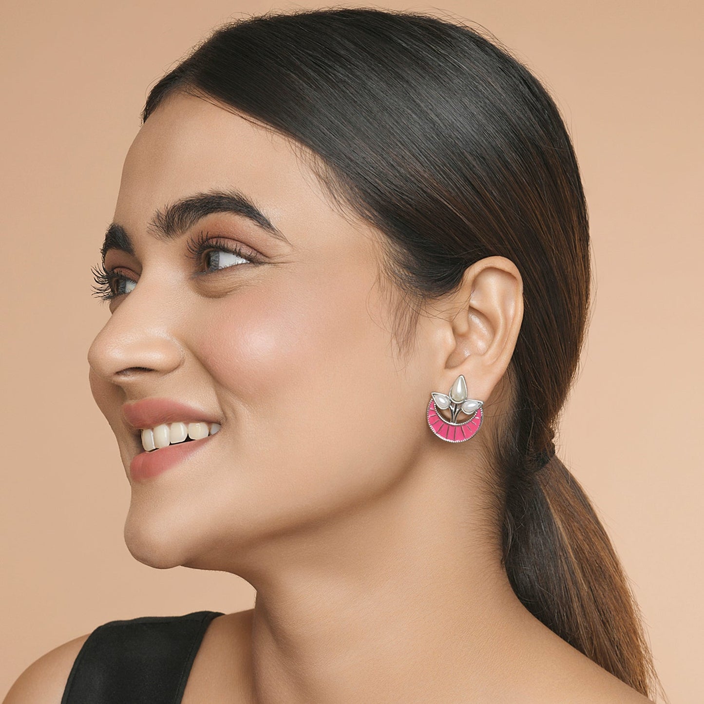 Pink Crescent Stud Earring