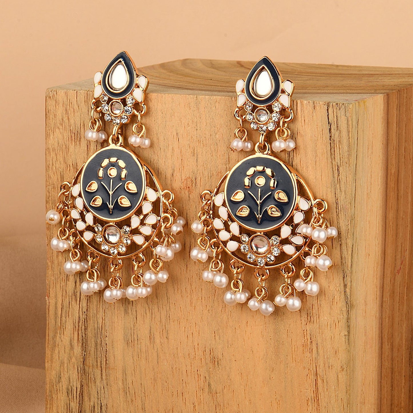 Gold & Navy Meenakari Chandbali Earring