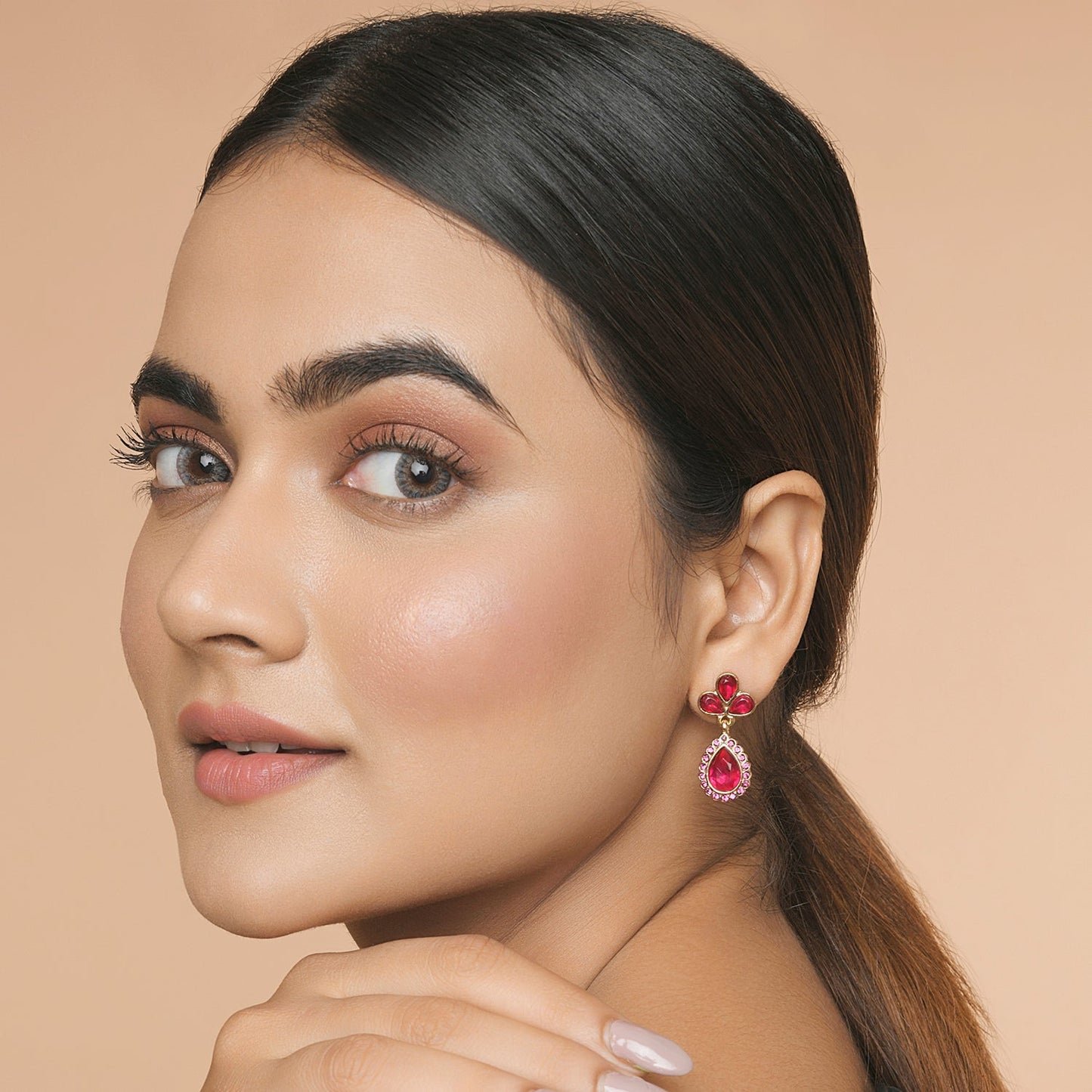 Magenta Pink Studded Teardrop Earring