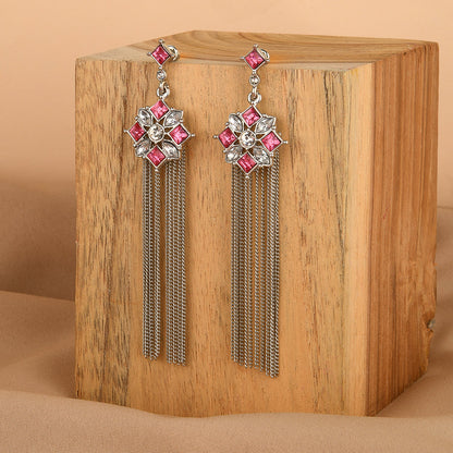 Pink Silver Statement Tassel Earring