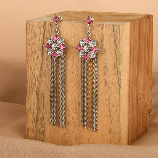 Pink Silver Statement Tassel Earring