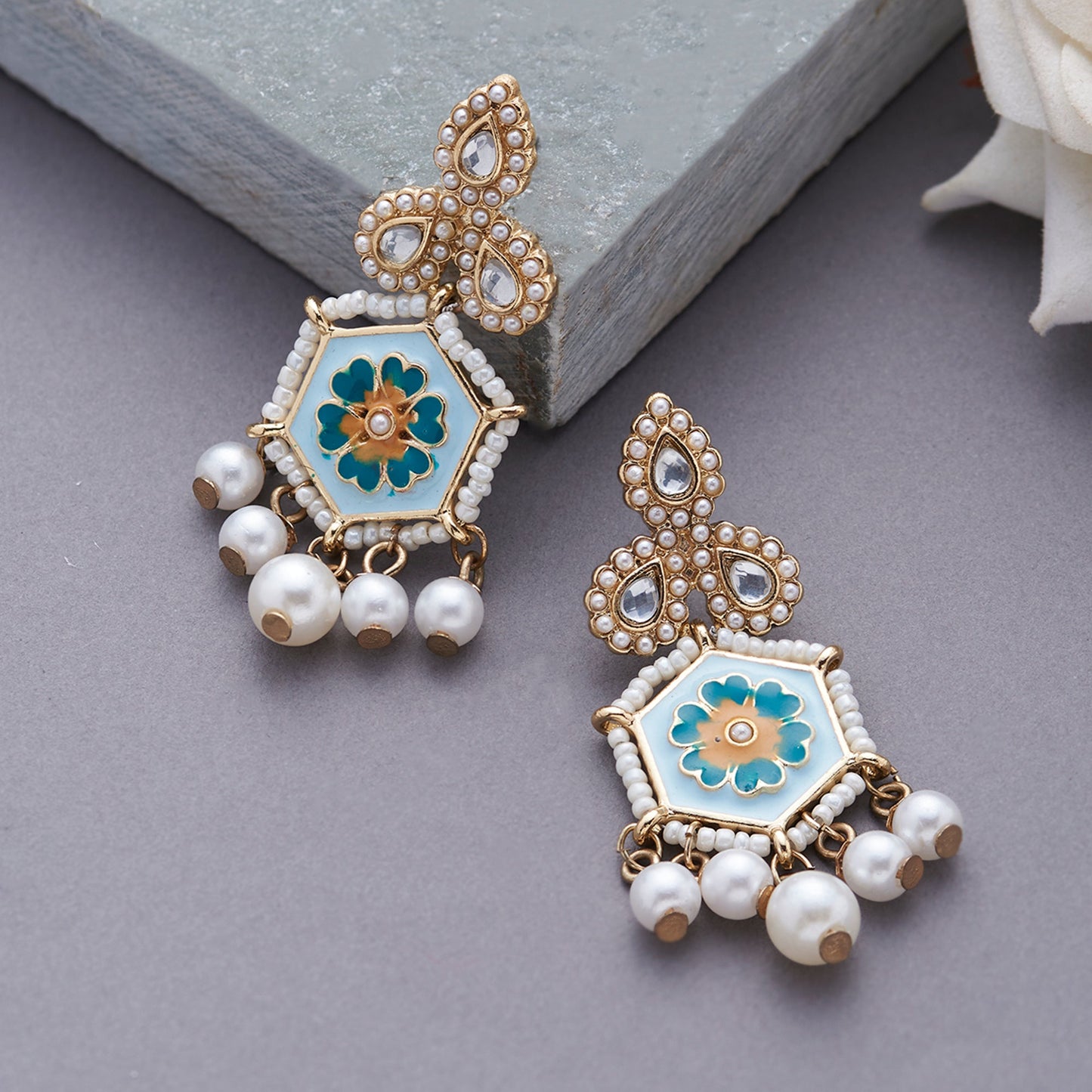 Gold Enamel And Pearl Drop Earring