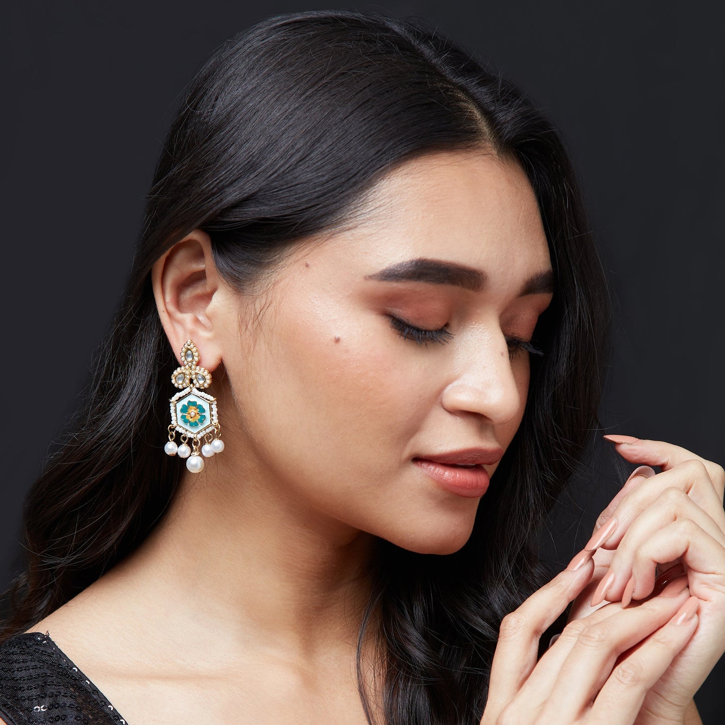 Gold Enamel And Pearl Drop Earring