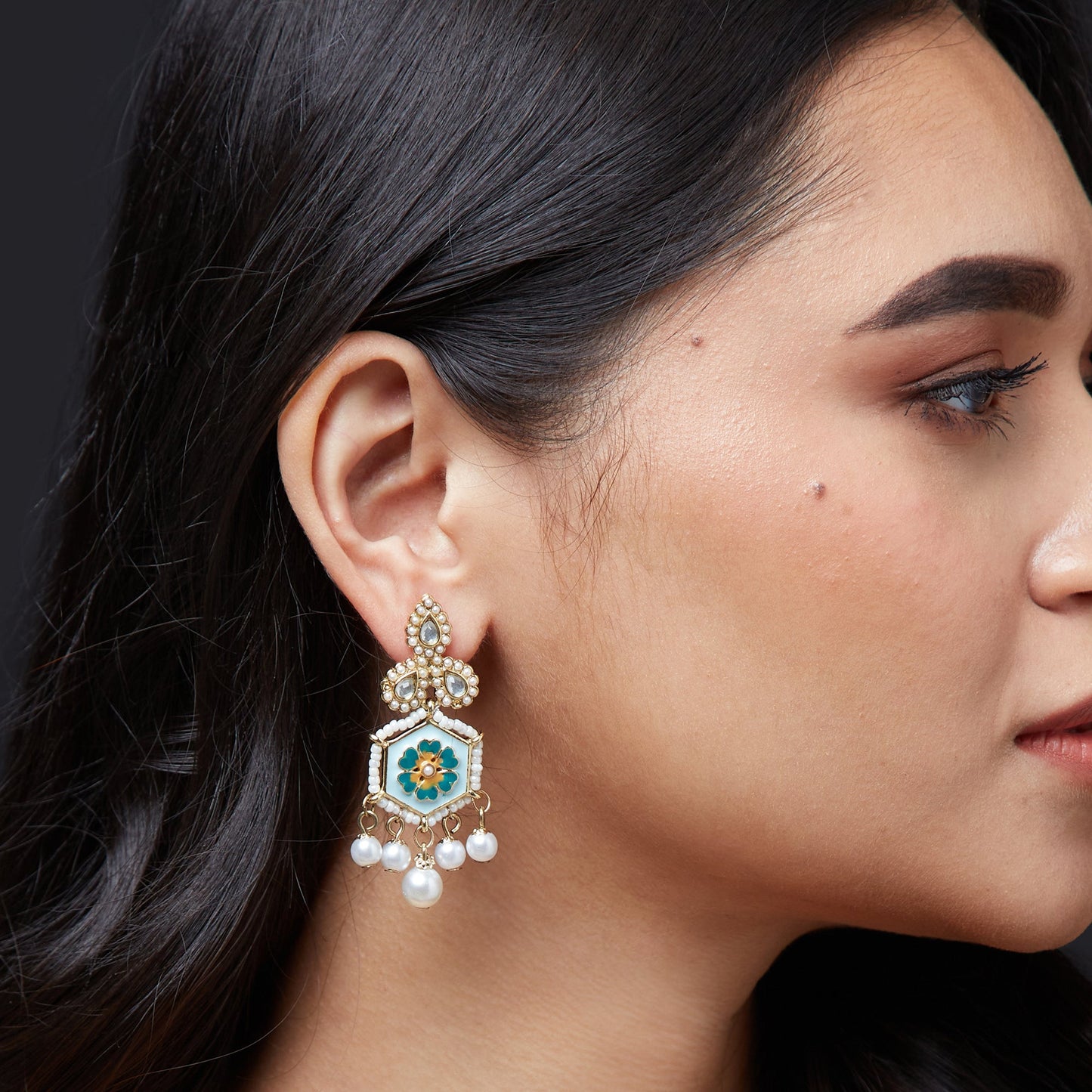 Gold Enamel And Pearl Drop Earring