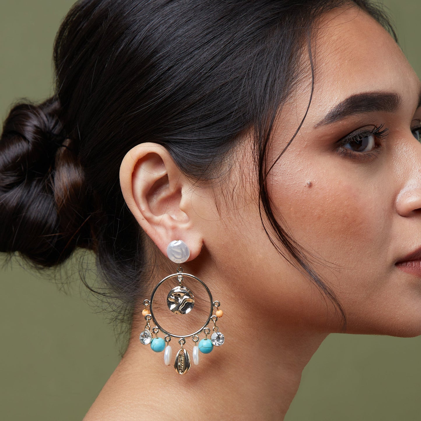 Multi  Pearl & Charm Hoop Earring