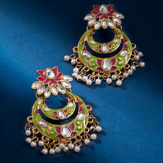 Green Meenakari Flower Chandbali Earring