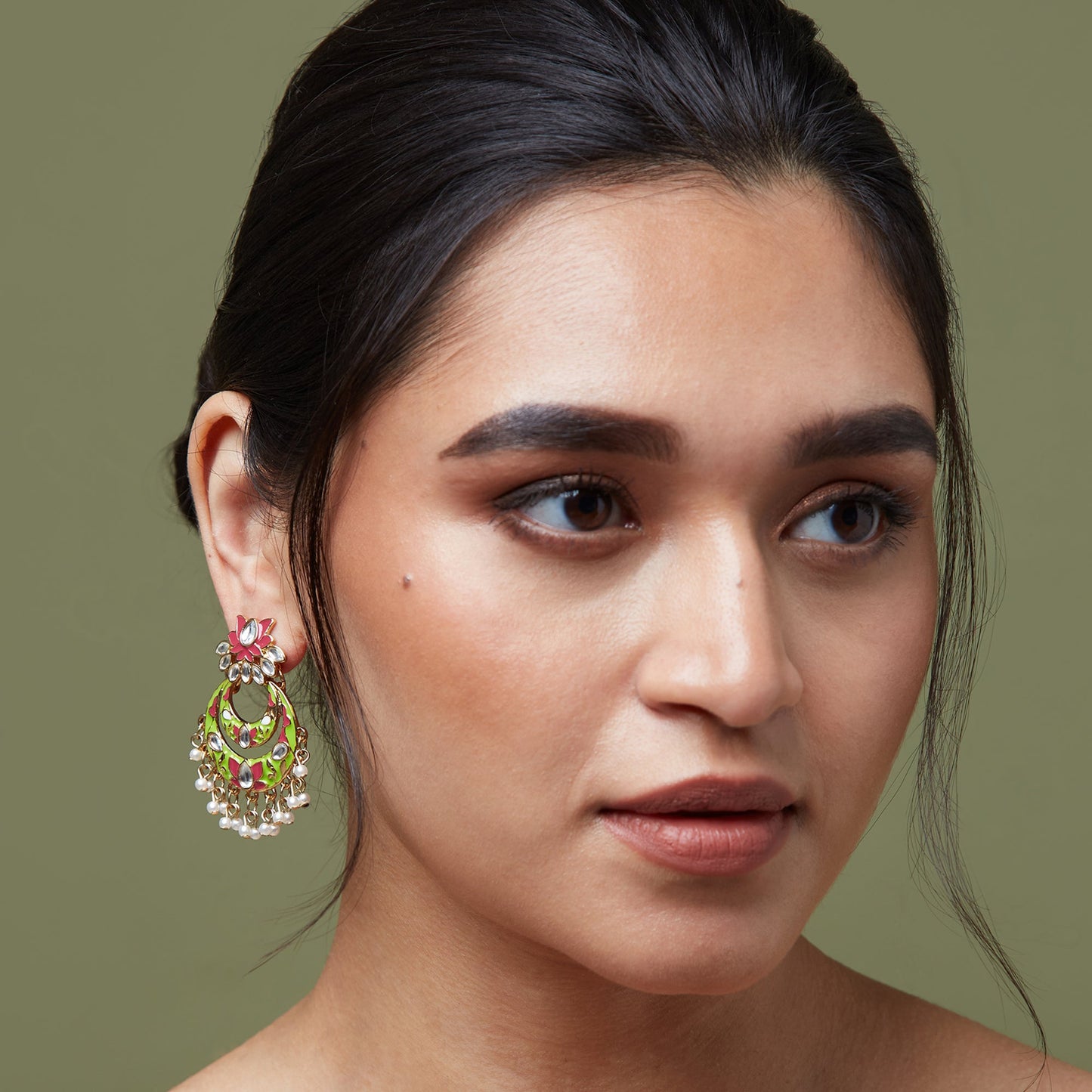 Green Meenakari Flower Chandbali Earring