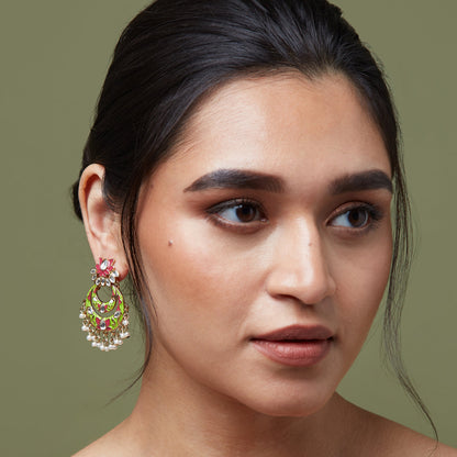 Green Meenakari Flower Chandbali Earring
