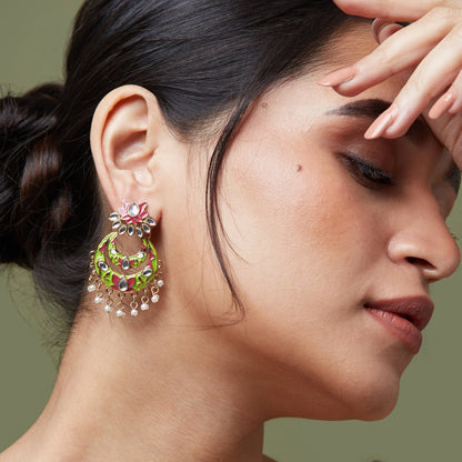 Green Meenakari Flower Chandbali Earring