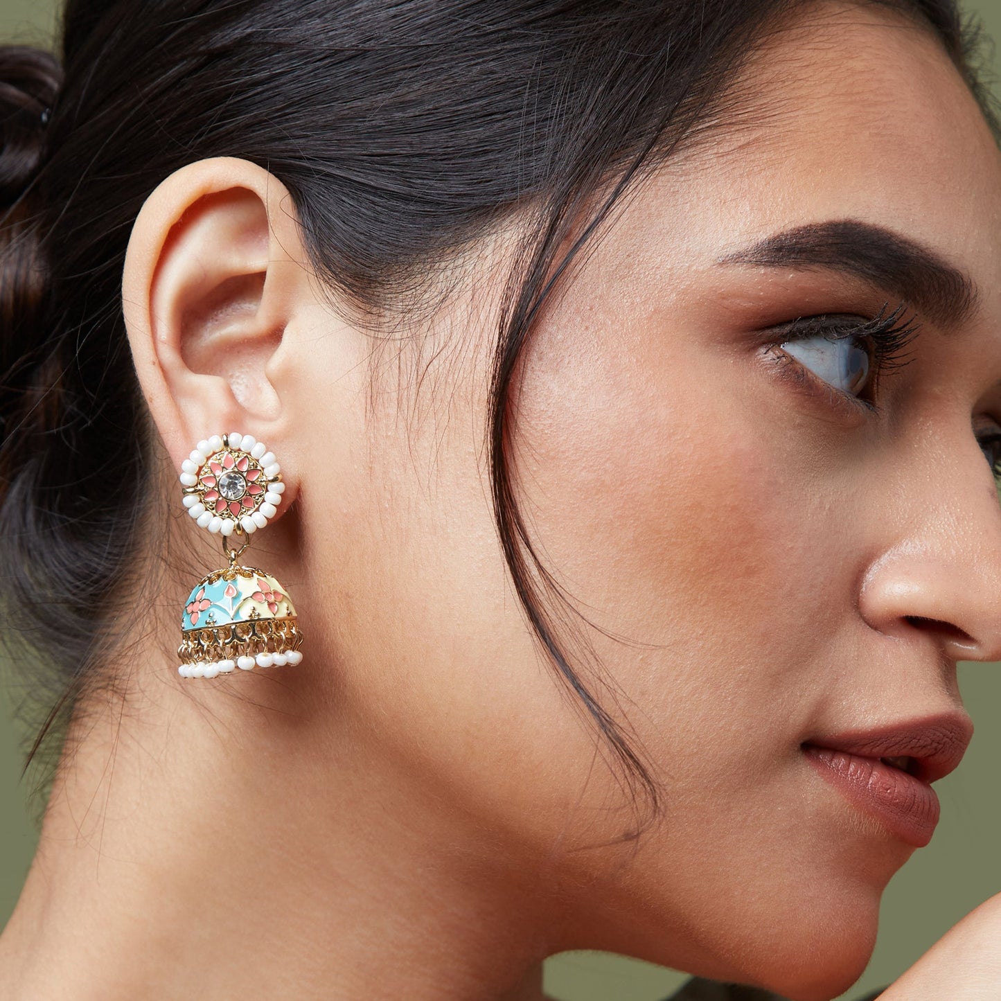 Pastel Bule & Pnk Enamel Jhumka Earring