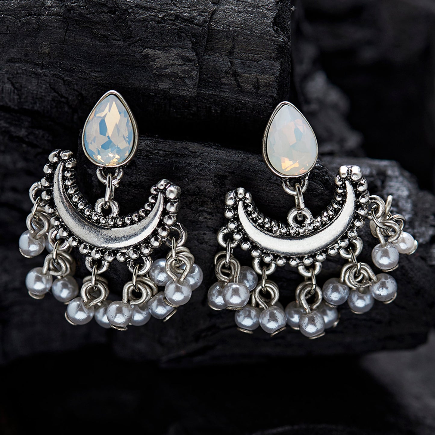 Oxidised Silver Opal Drop Earrings