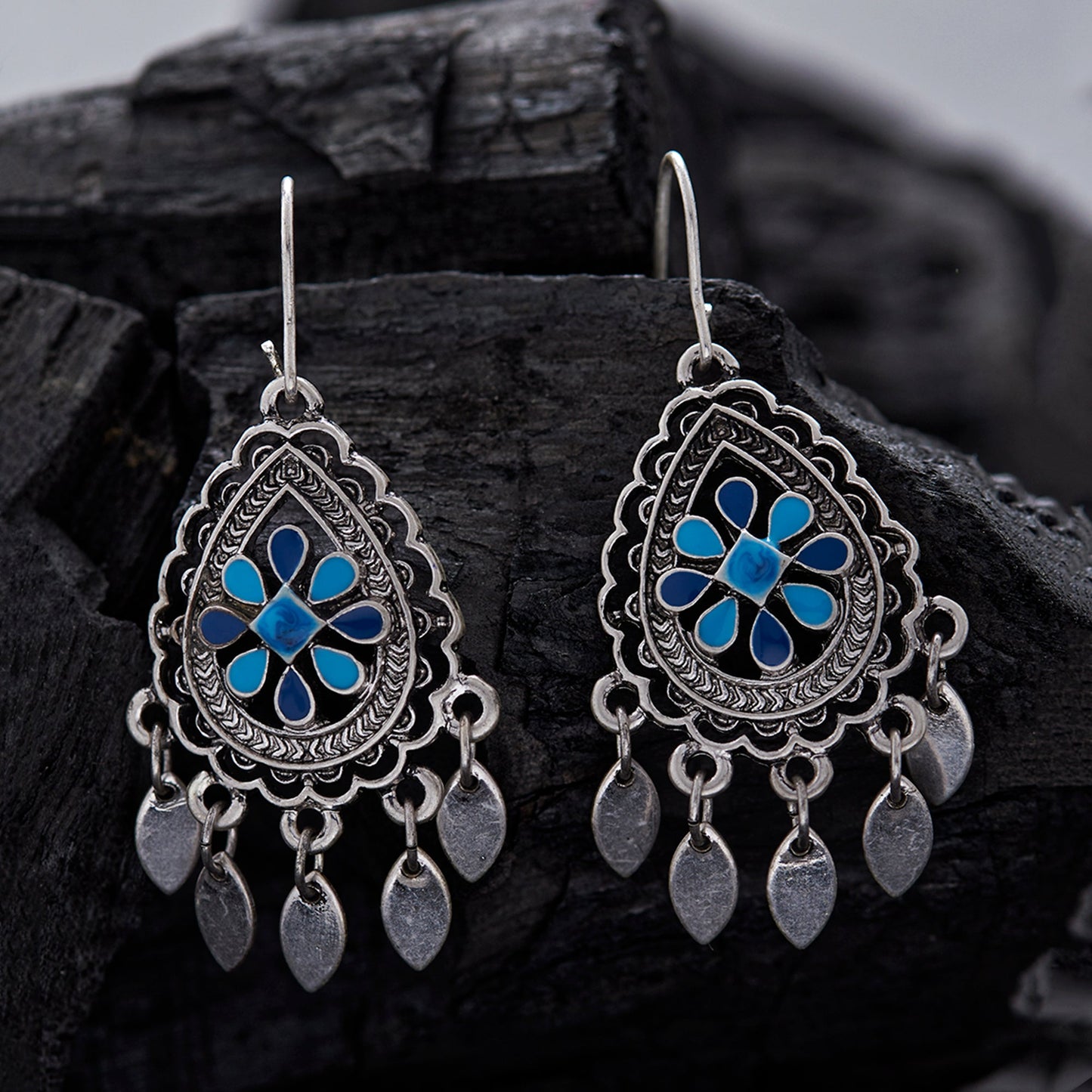 Oxidised Blue Teardrop Earrings