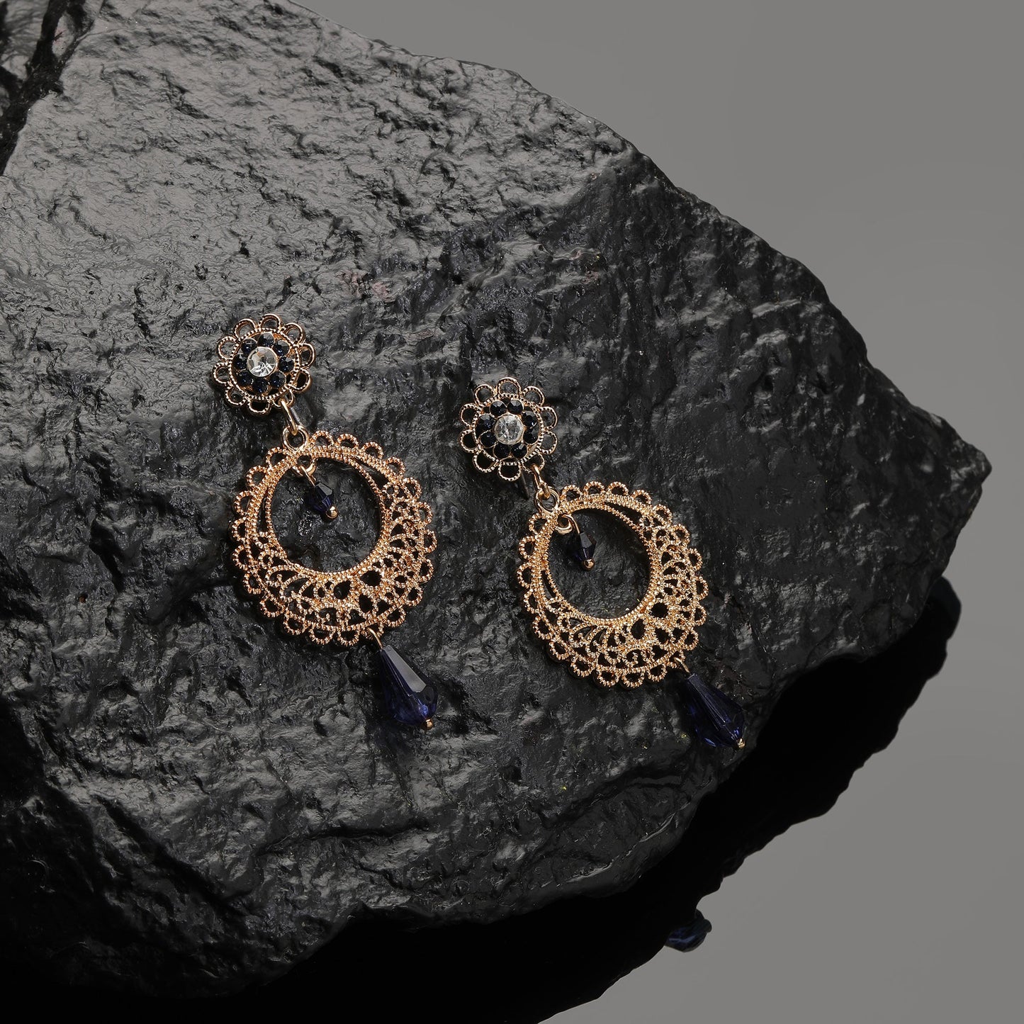 Gold Navy Filigree Long Drop