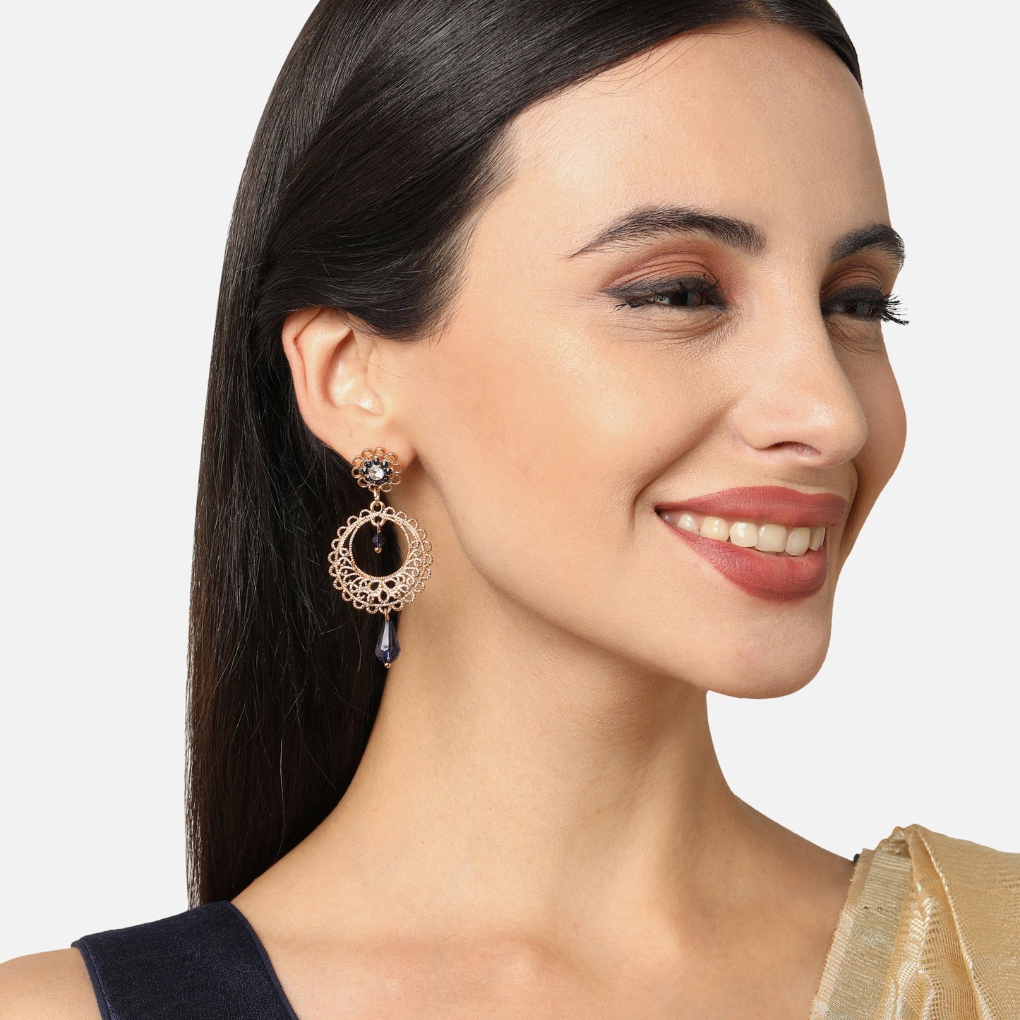 Gold Navy Filigree Long Drop