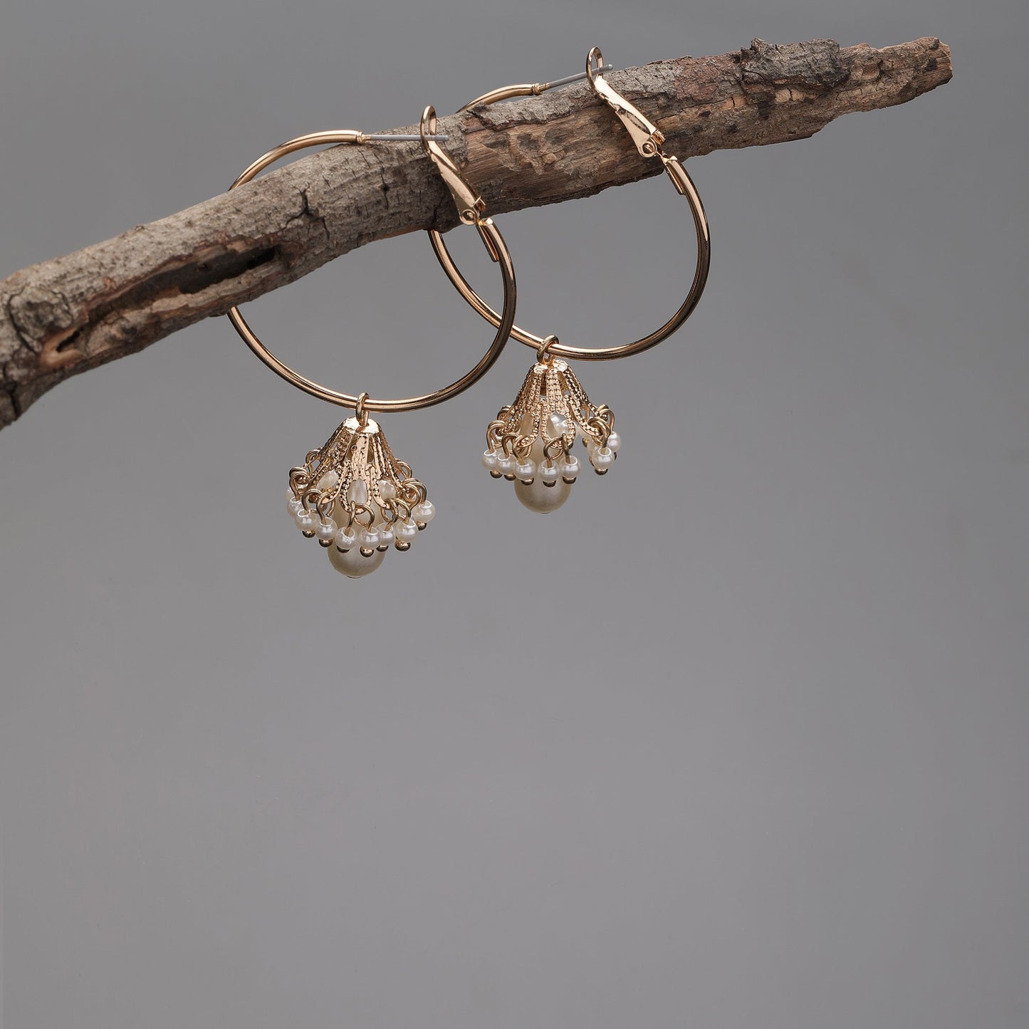 Pearl White & Gold Hoop Earrings