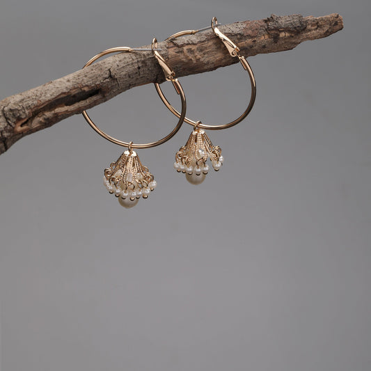 Pearl White & Gold Hoop Earrings