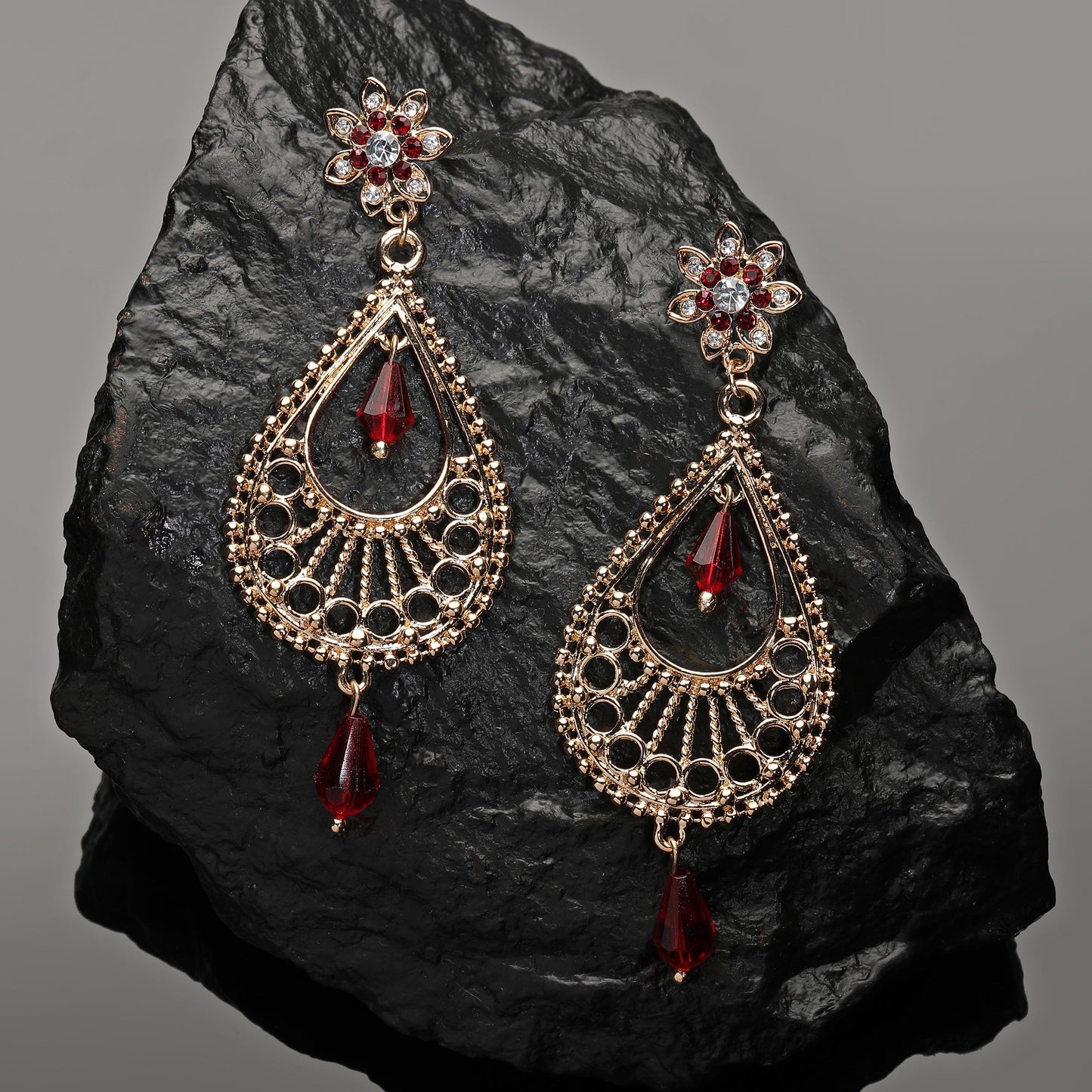 Red Tear Drop Gold Long Earring