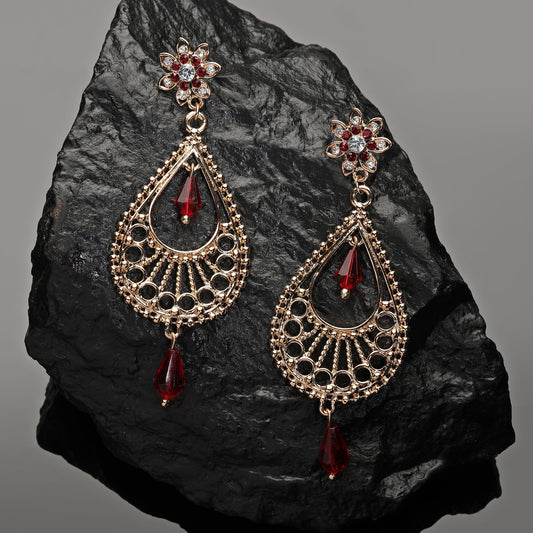 Red Tear Drop Gold Long Earring