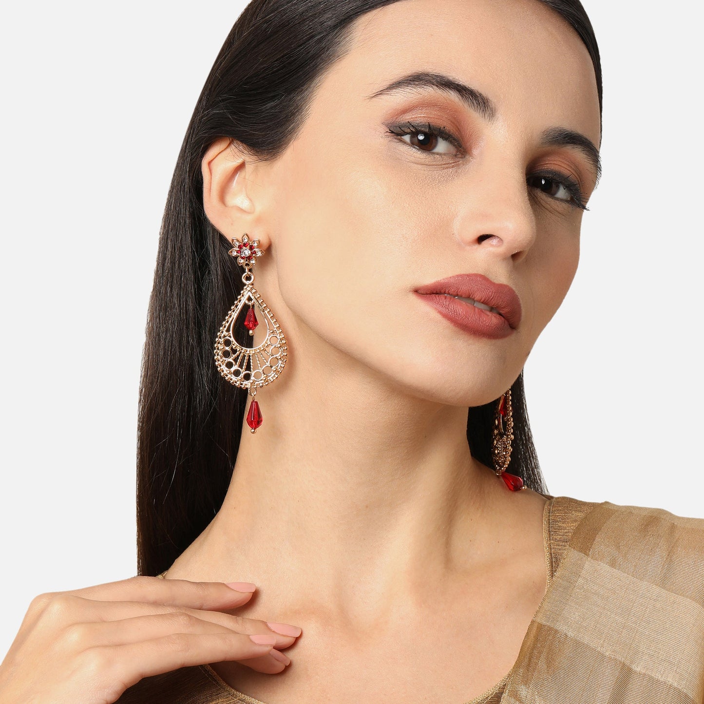 Red Tear Drop Gold Long Earring