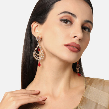 Red Tear Drop Gold Long Earring