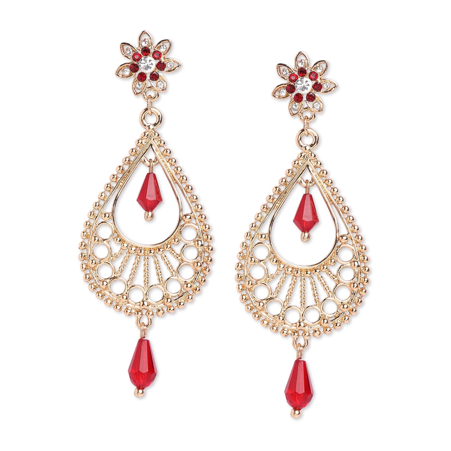 Red Tear Drop Gold Long Earring