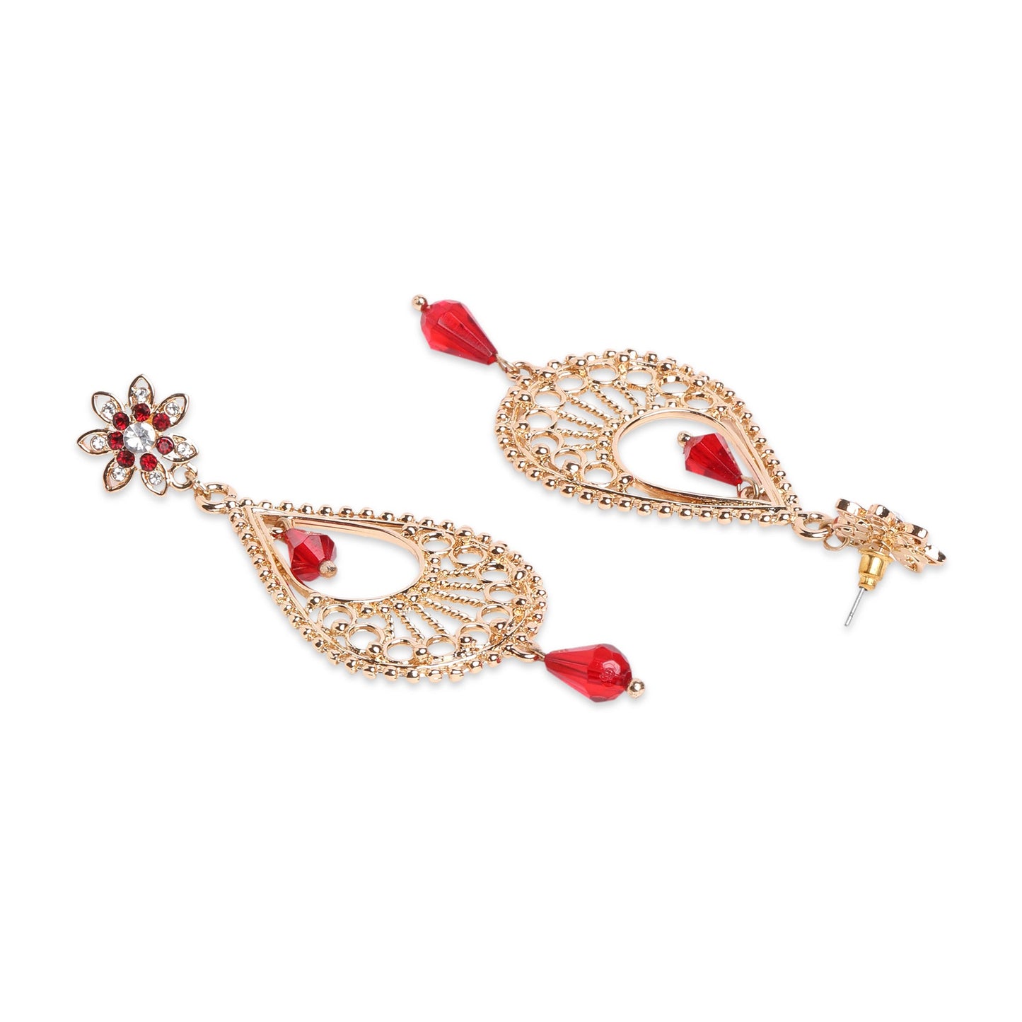 Red Tear Drop Gold Long Earring
