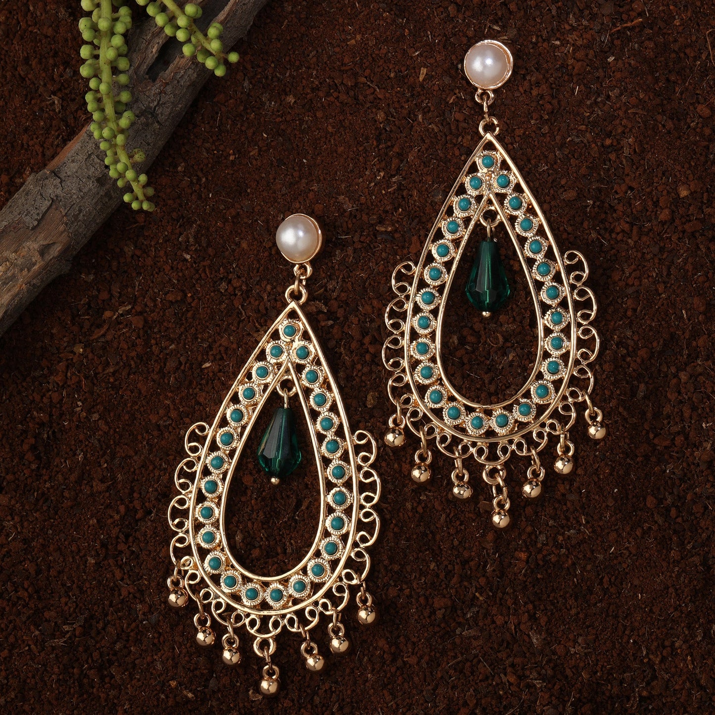 Green Tead Drop Long Earring Metal Chandbali  Earring