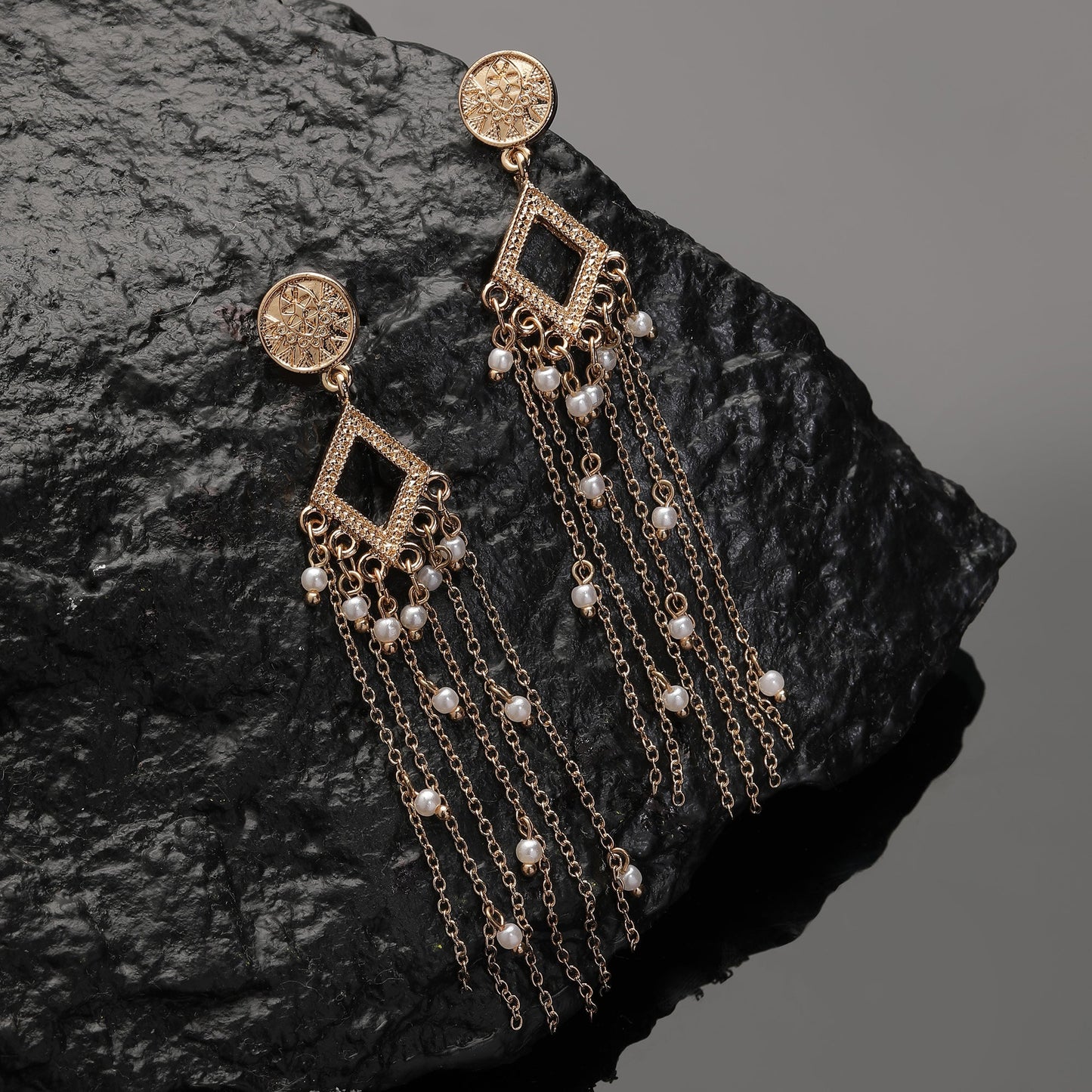 Gold Pearl Long Drop Earring