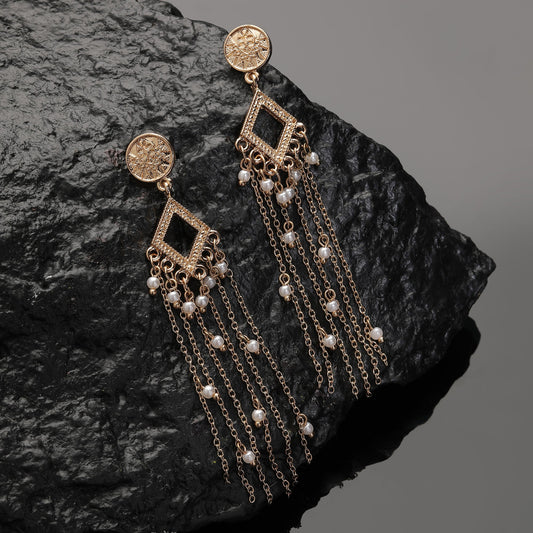 Gold Pearl Long Drop Earring