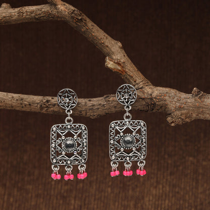 Pink Beaded Oxidised Silver Earring