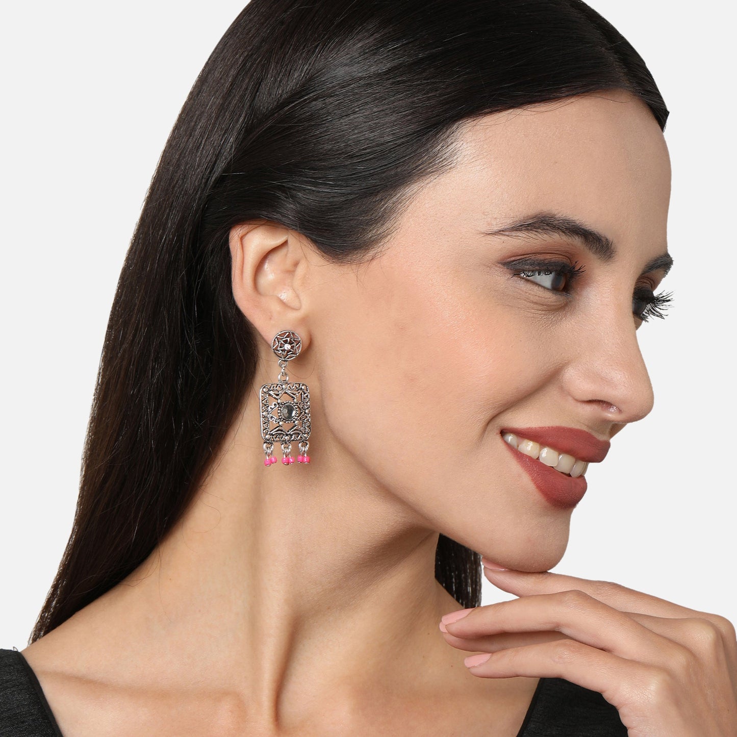 Pink Beaded Oxidised Silver Earring