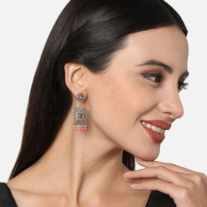 Pink Beaded Oxidised Silver Earring