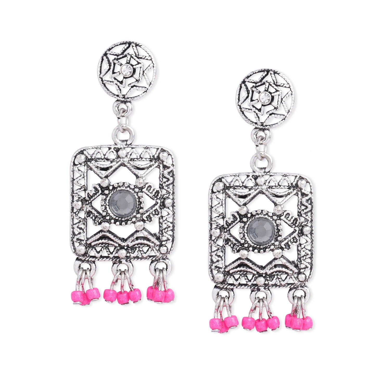 Pink Beaded Oxidised Silver Earring