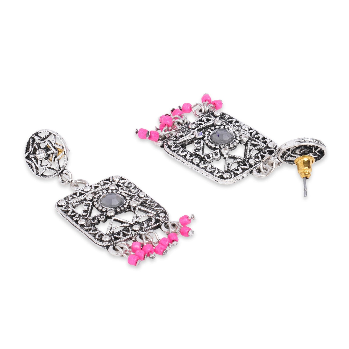 Pink Beaded Oxidised Silver Earring