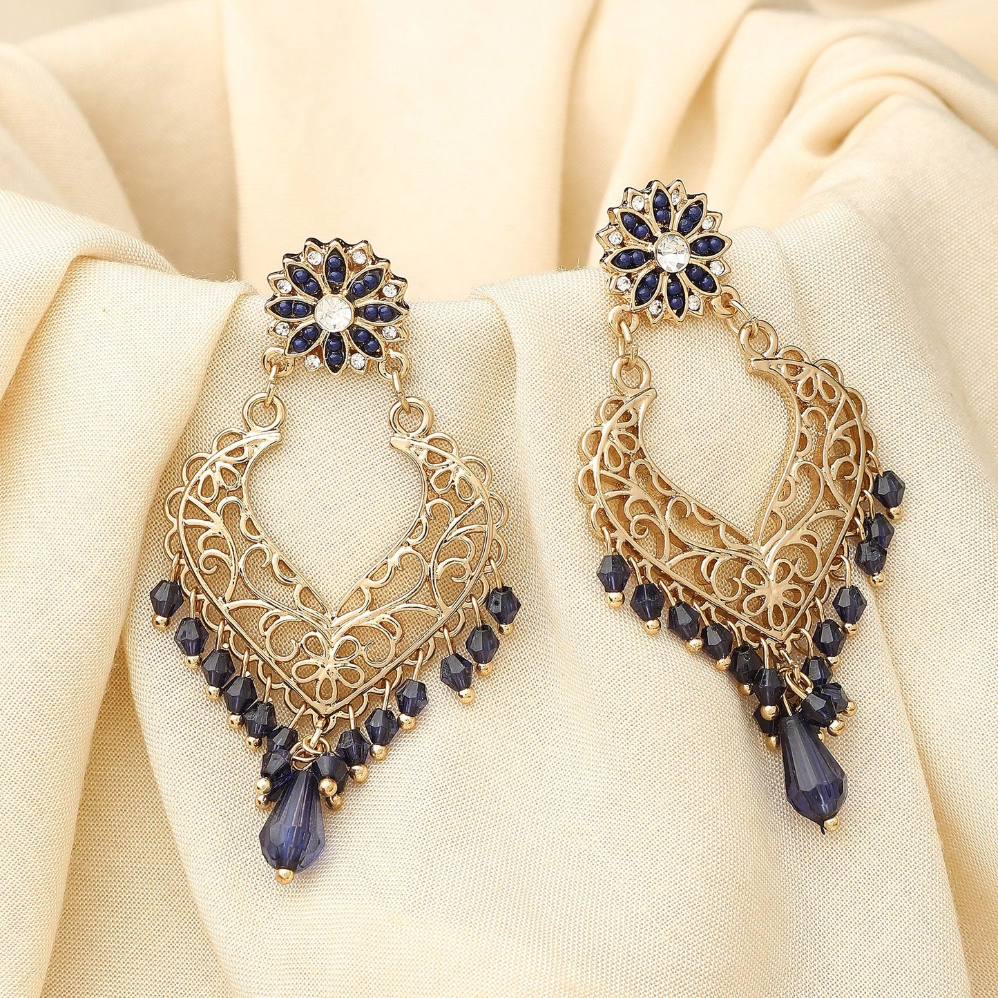 Gold Navy Floral Chandbalis Earring